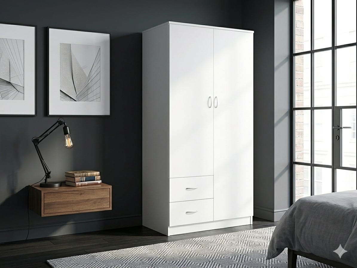 White Premium 2 Door Mirrored Wardrobe with soft-close drawers